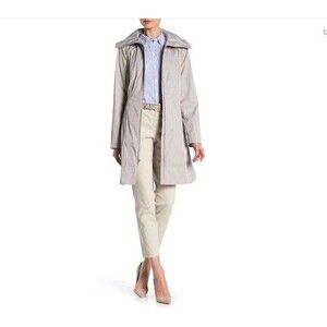 Cole Haan Signature Grey Travel Packable Rain Jacket Hooded Back Bow Coat XS